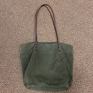 J. Crew Army Green Fatigue Canvas Shoulder Bag with Brown Leather Straps Vintage